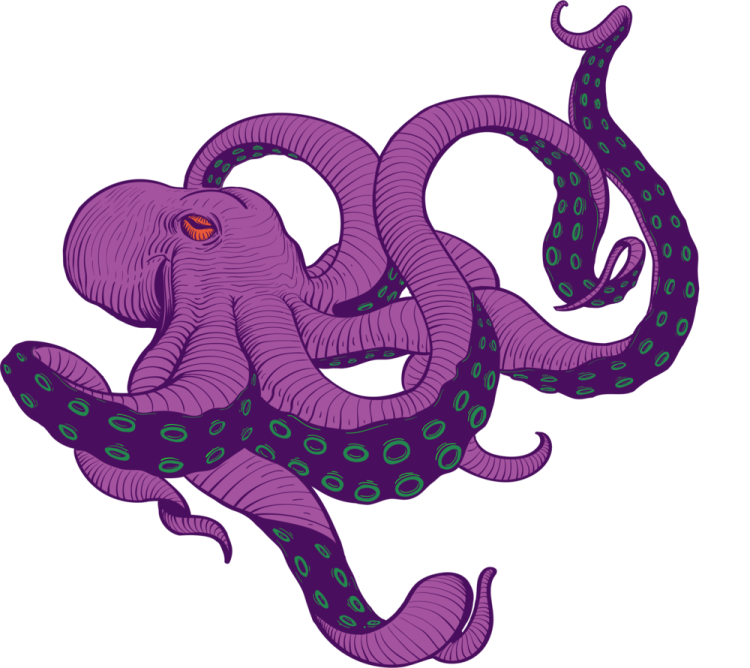 a purple octopus with green tentacles