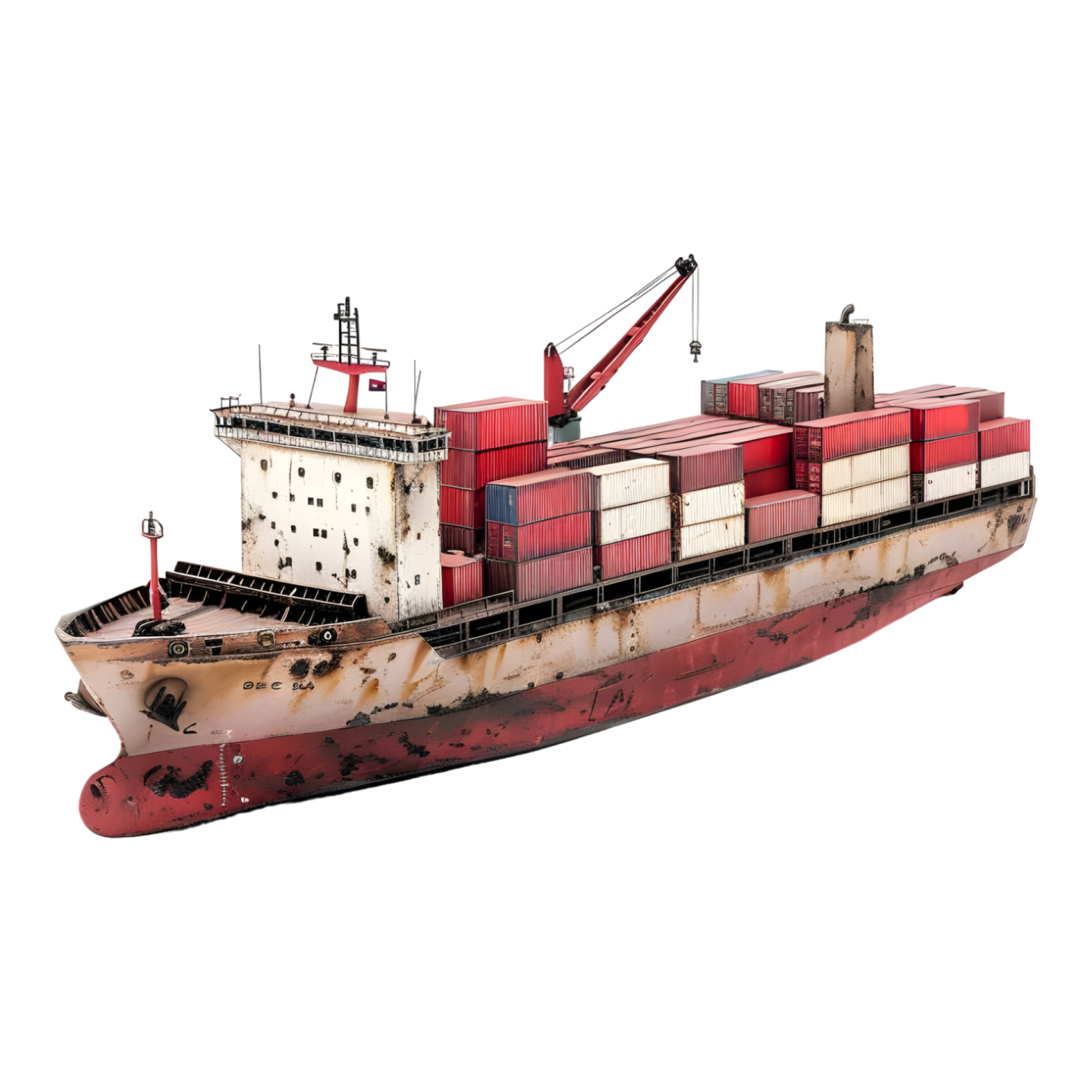 a red and white container ship