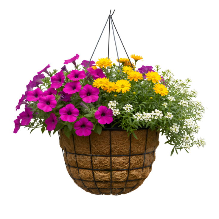 a hanging basket filled with colorful flowers