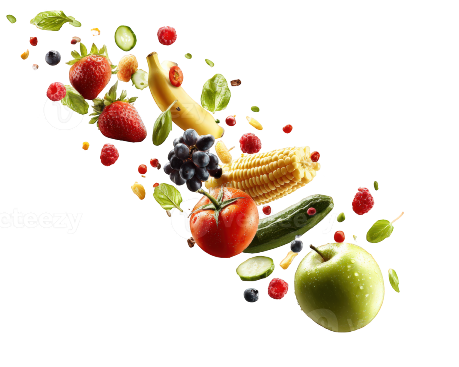 fruit and vegetables falling into the air