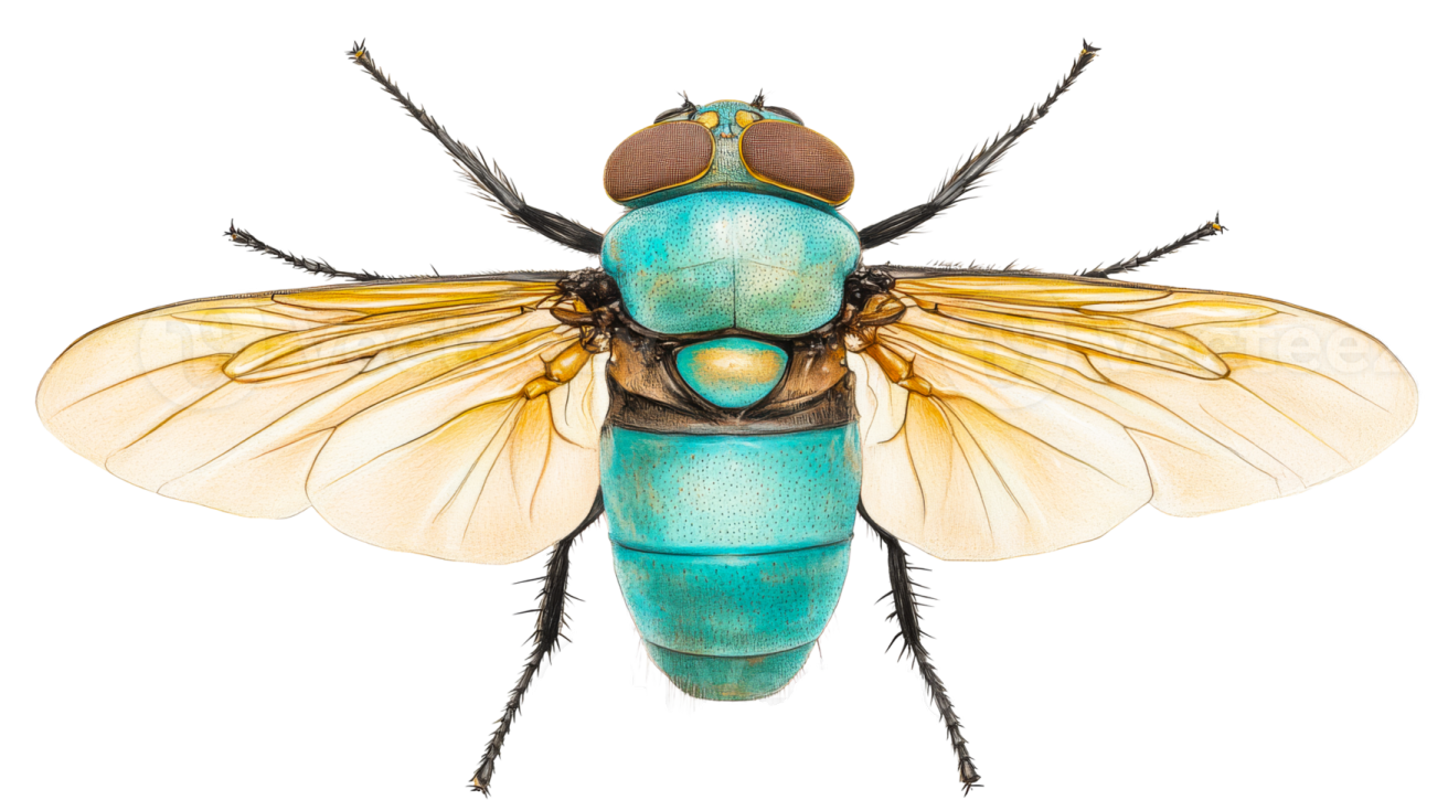 a close up of a blue and yellow insect