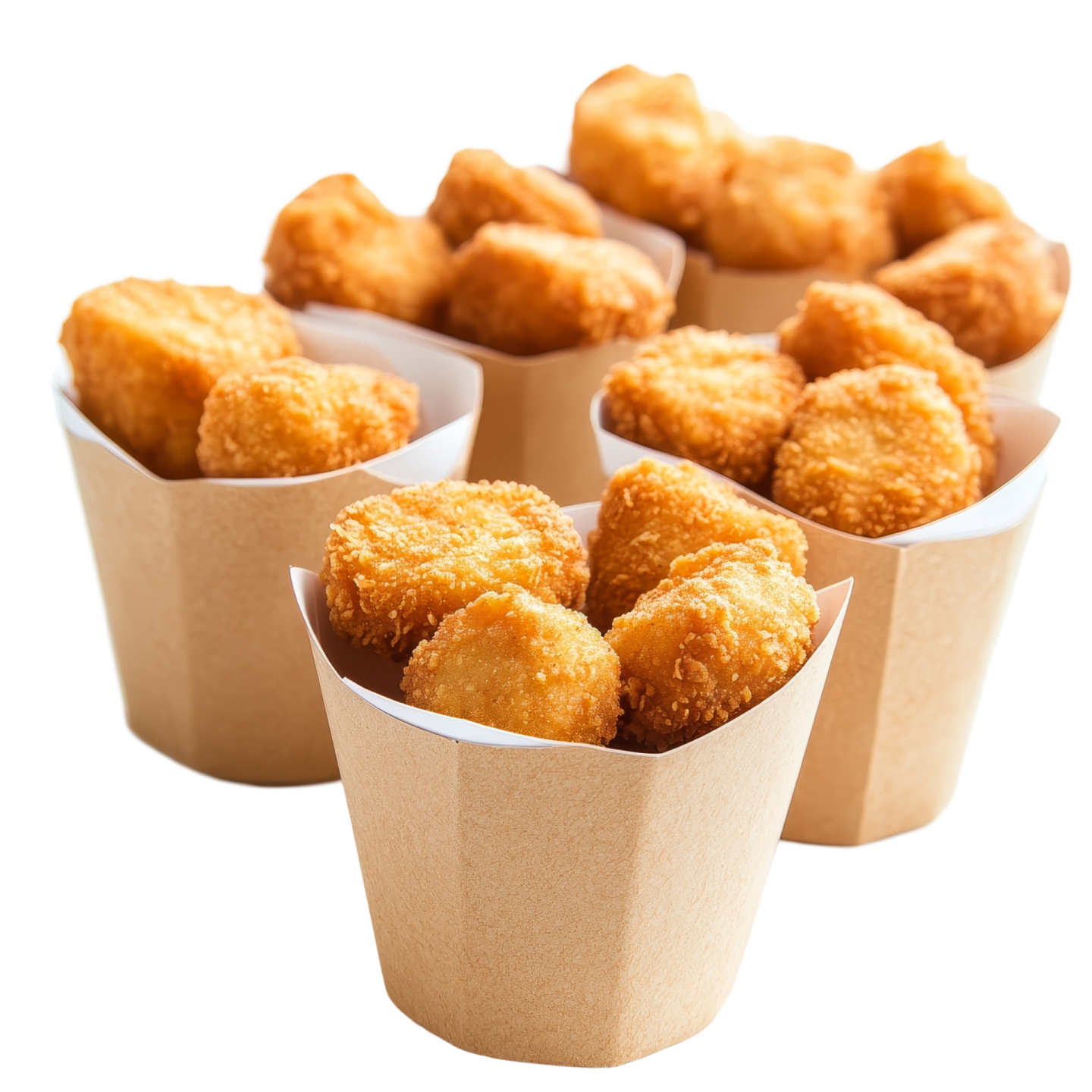 a bunch of fried chicken nus in paper cups