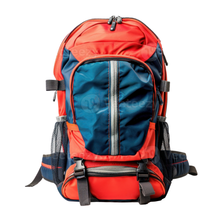 a red and blue backpack on a white background