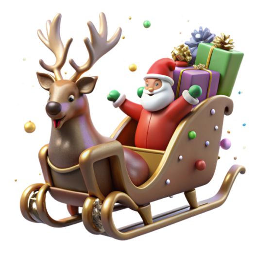 a santa claus riding in a sler with gifts