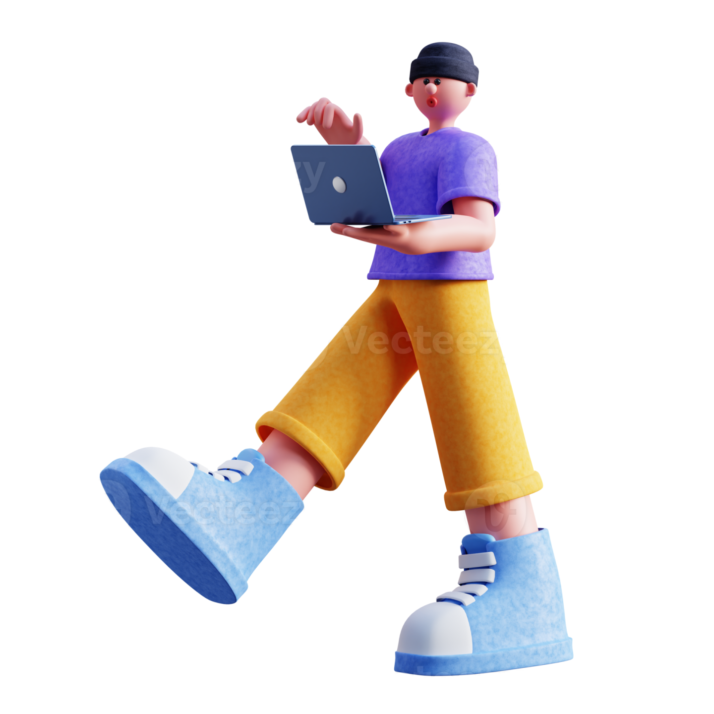 a cartoon character walking with a laptop