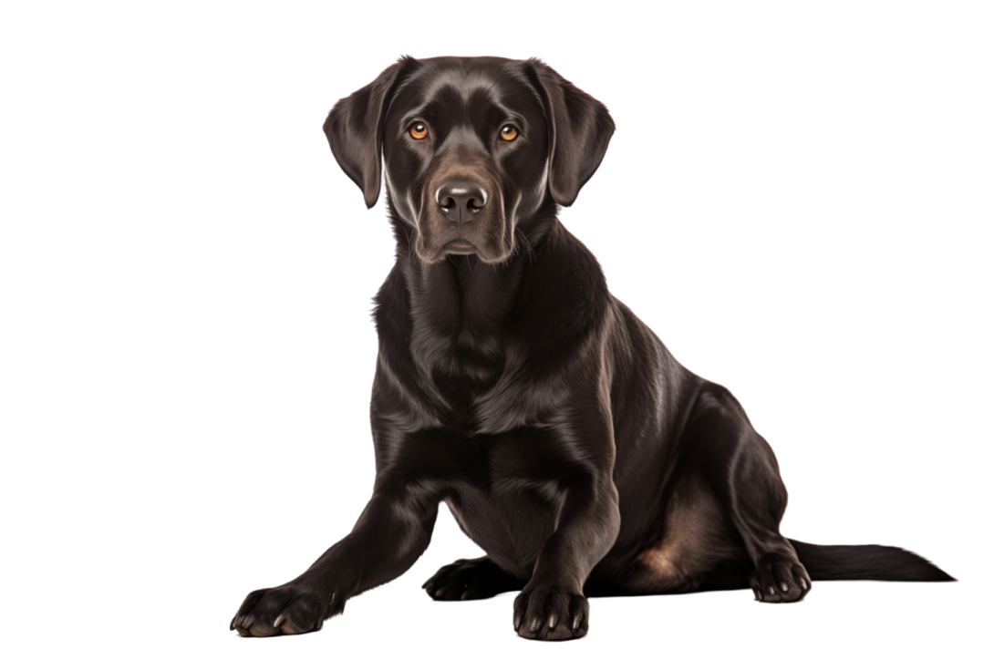 a black dog sitting down on a white background