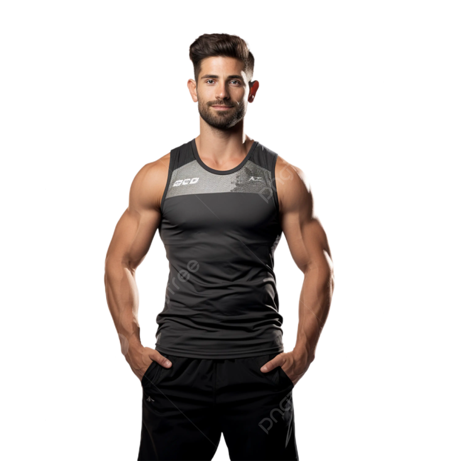 a man wearing a black tank top and shorts