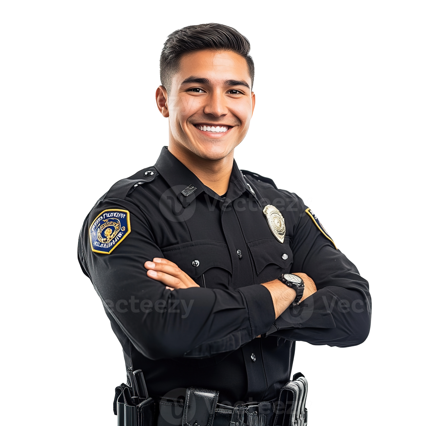a young man in a police uniform standing with his arms crossed