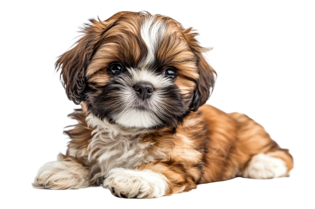 a small brown and white dog laying down