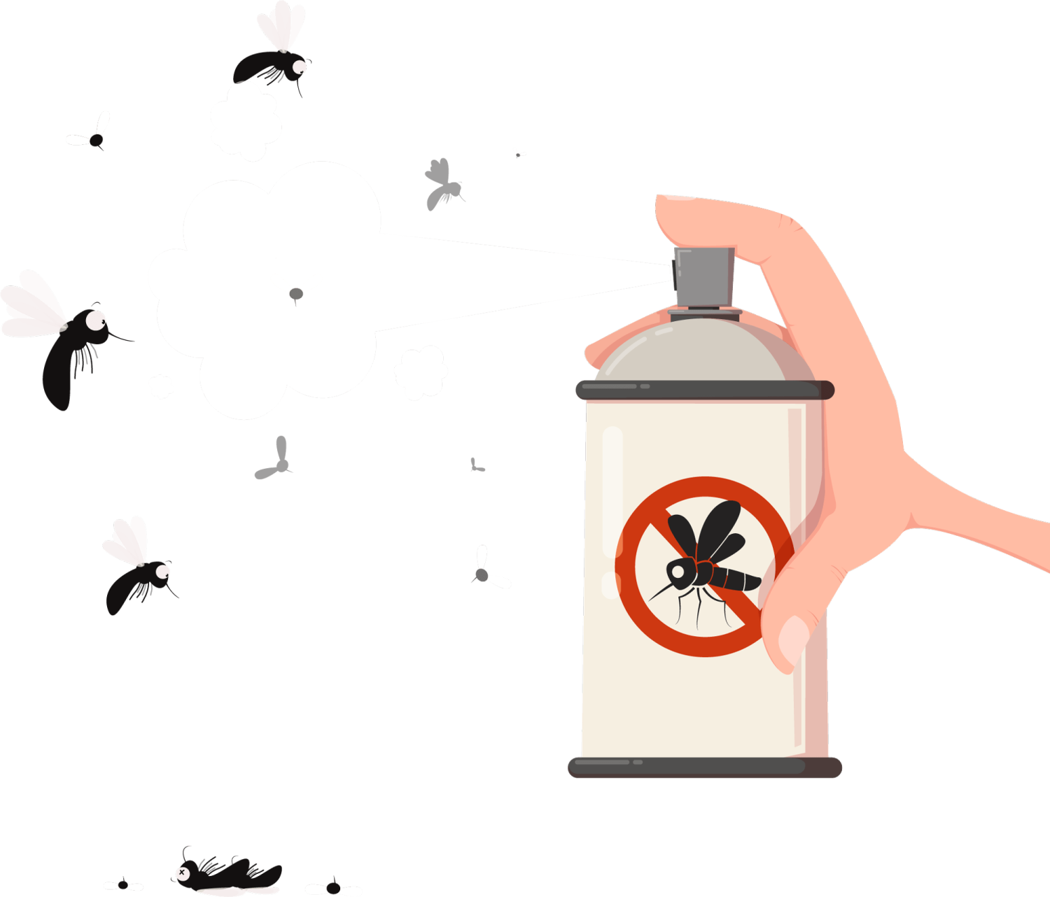 a hand holding a spray bottle with a mosquito on it