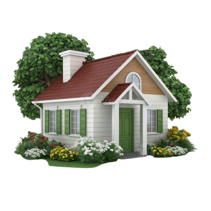 a small house with a red roof and green door