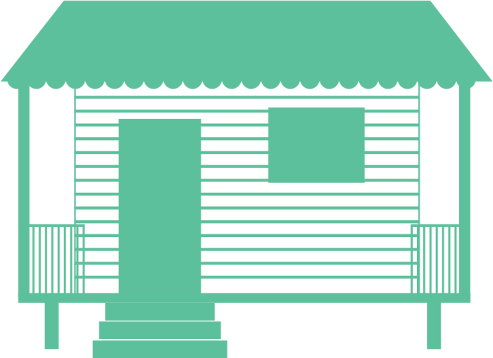 a green and white beach hut