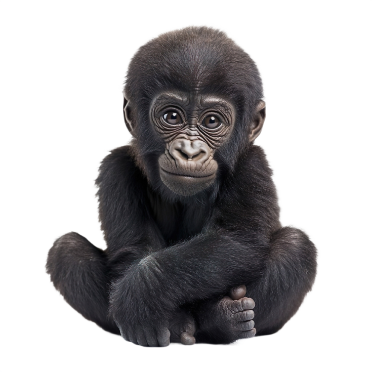a baby gorilla sitting on the ground looking at the camera
