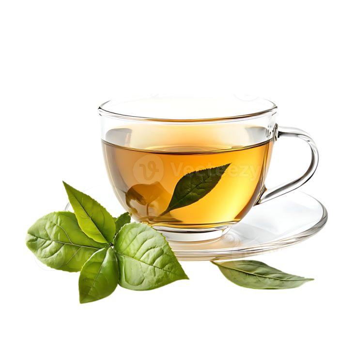 a cup of green tea with leaves