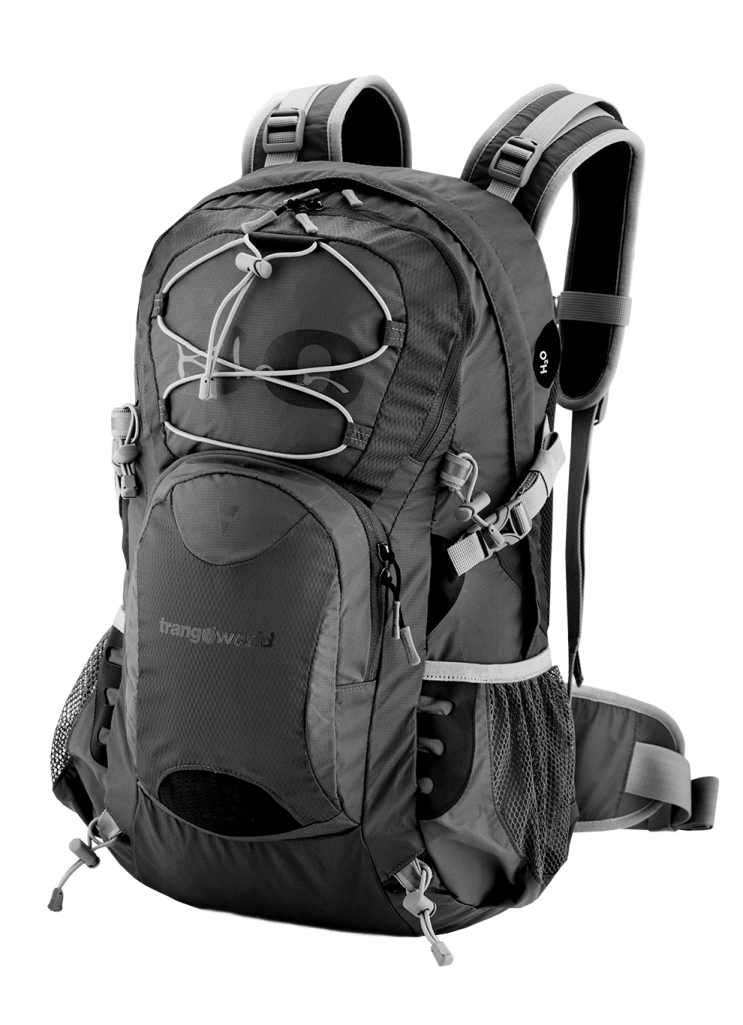 a black and gray backpack on a white background