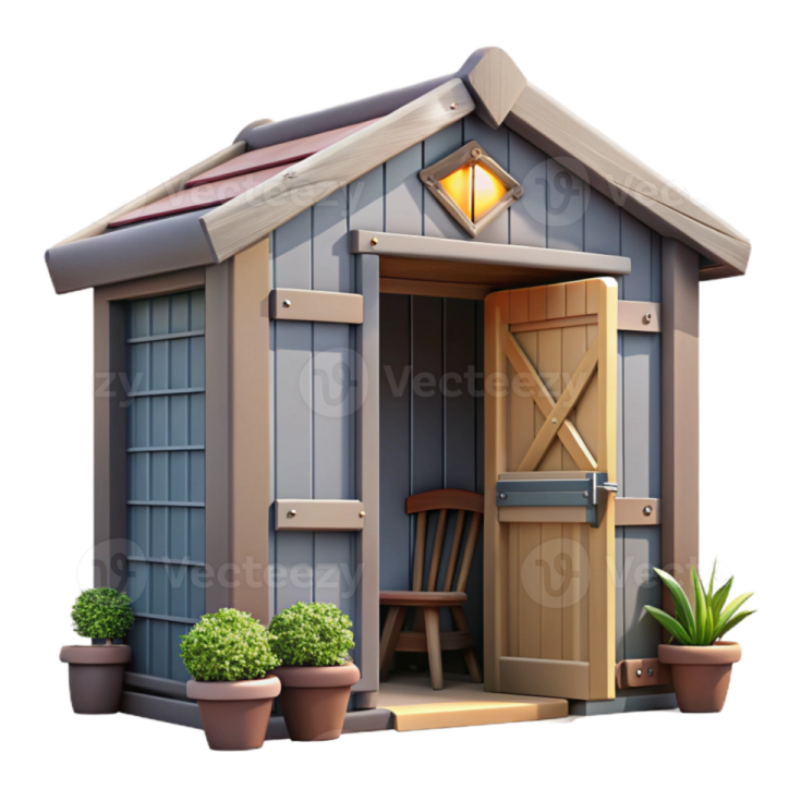 a small wooden shed with potted plants