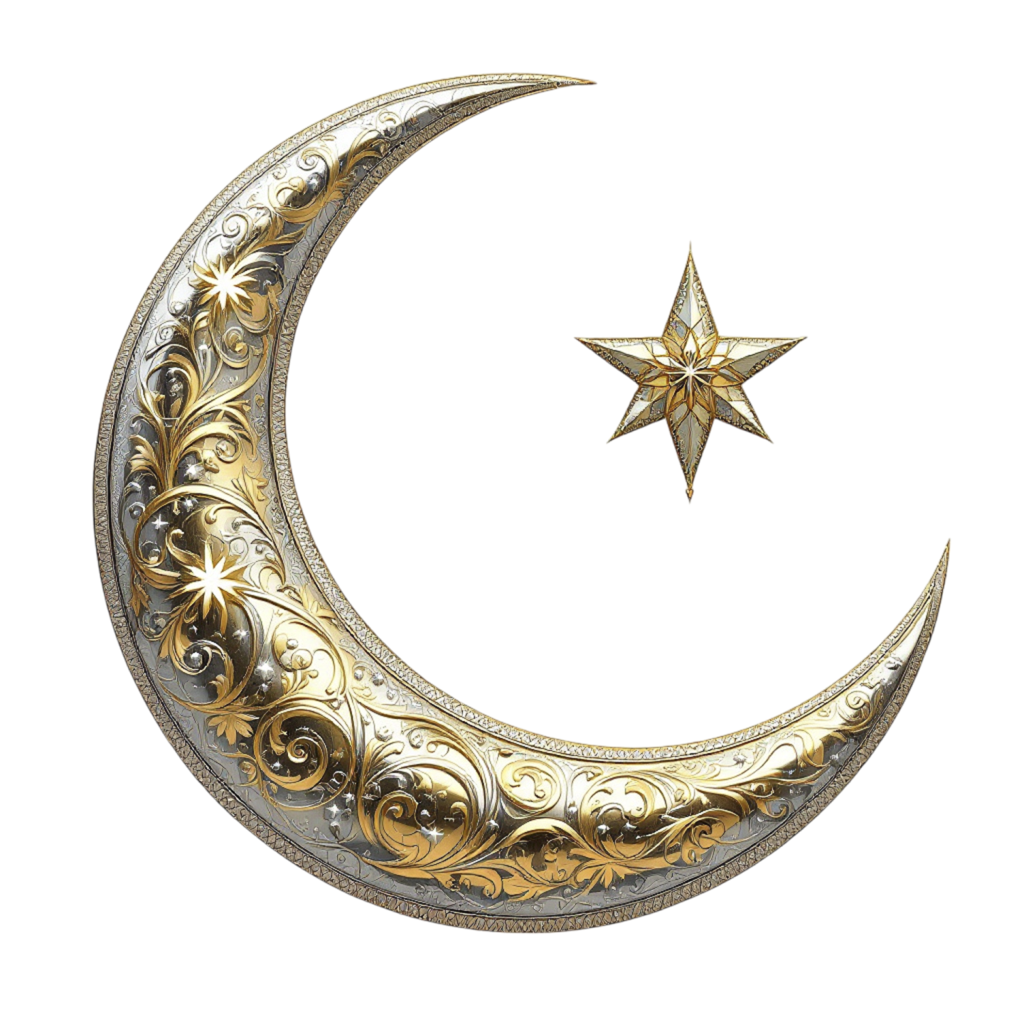 a gold and silver crescent with a star