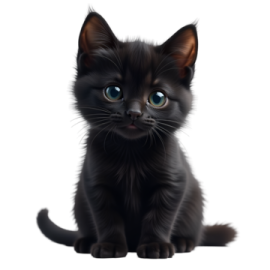 a black kitten with blue eyes sitting down