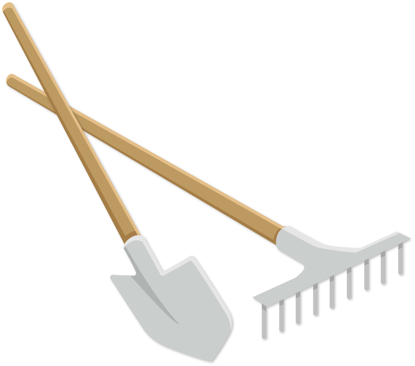 a pair of shovels and a rake