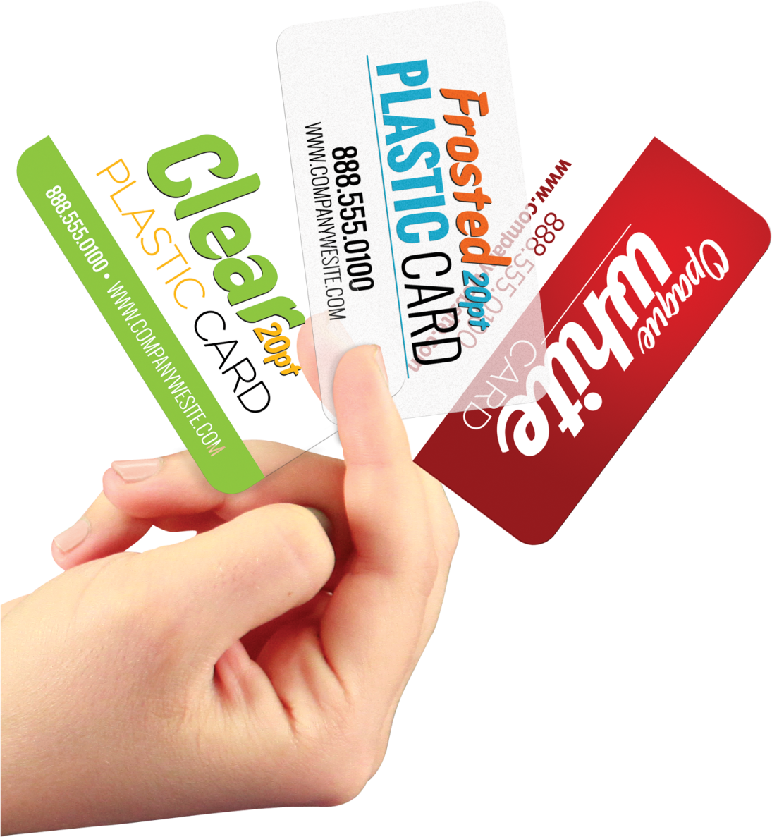 a hand holding three different business cards