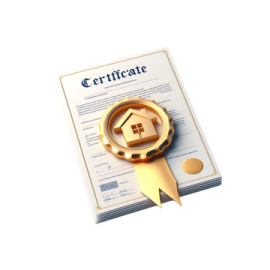 a certificate with a house on top of it