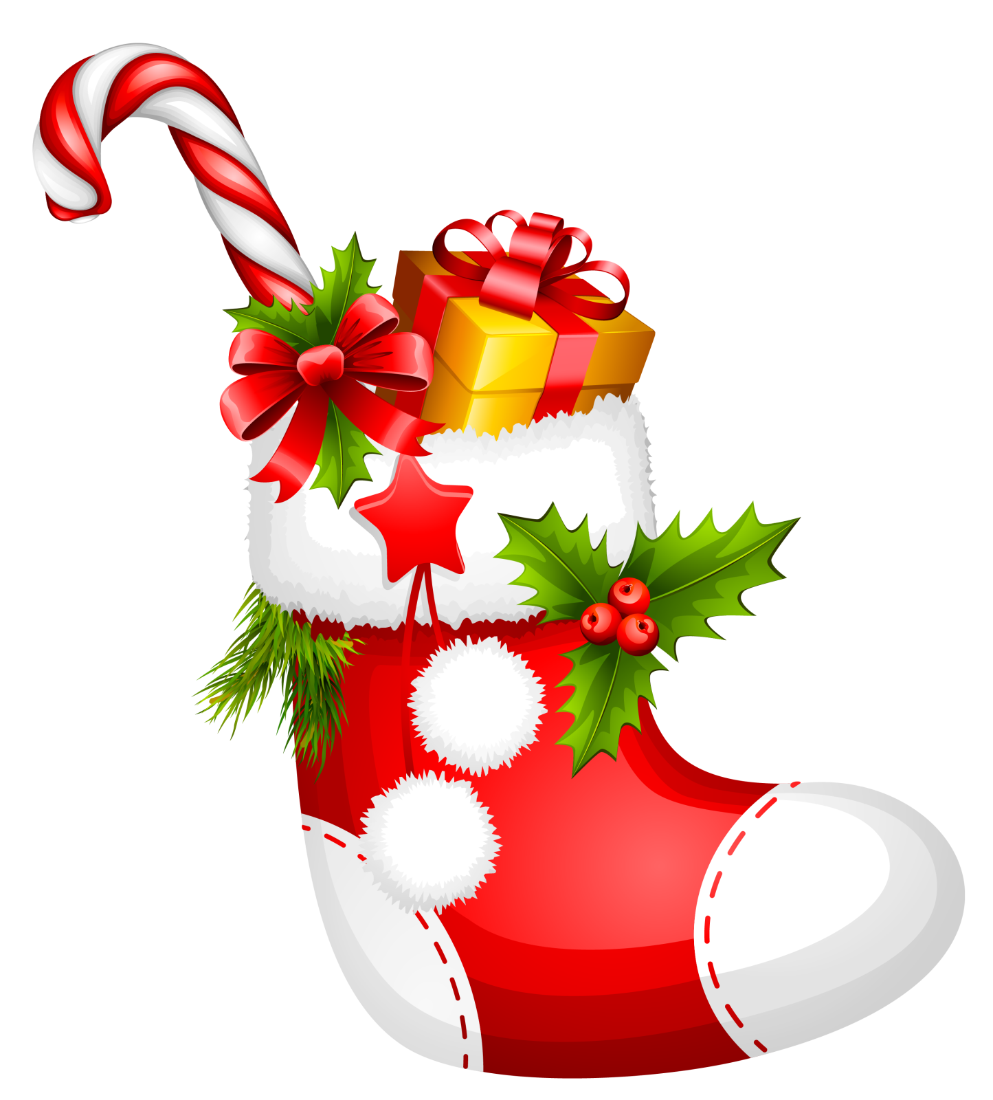 a christmas stocking with holly and candy vector