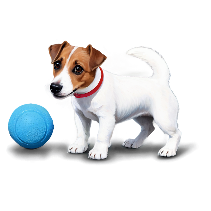 a small dog standing next to a blue ball