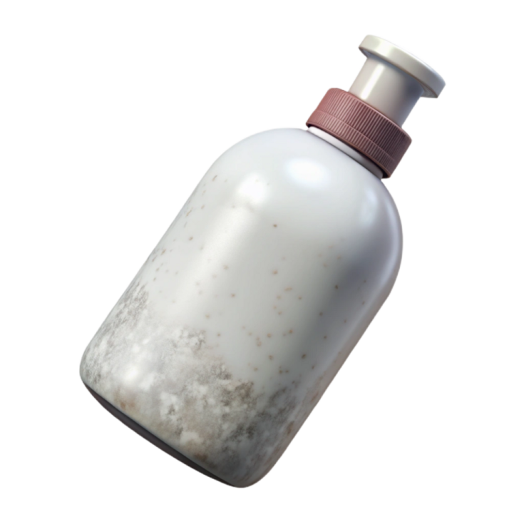 a white bottle with brown spots on it