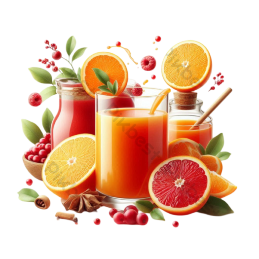 a glass of orange juice surrounded by various fruits and spices