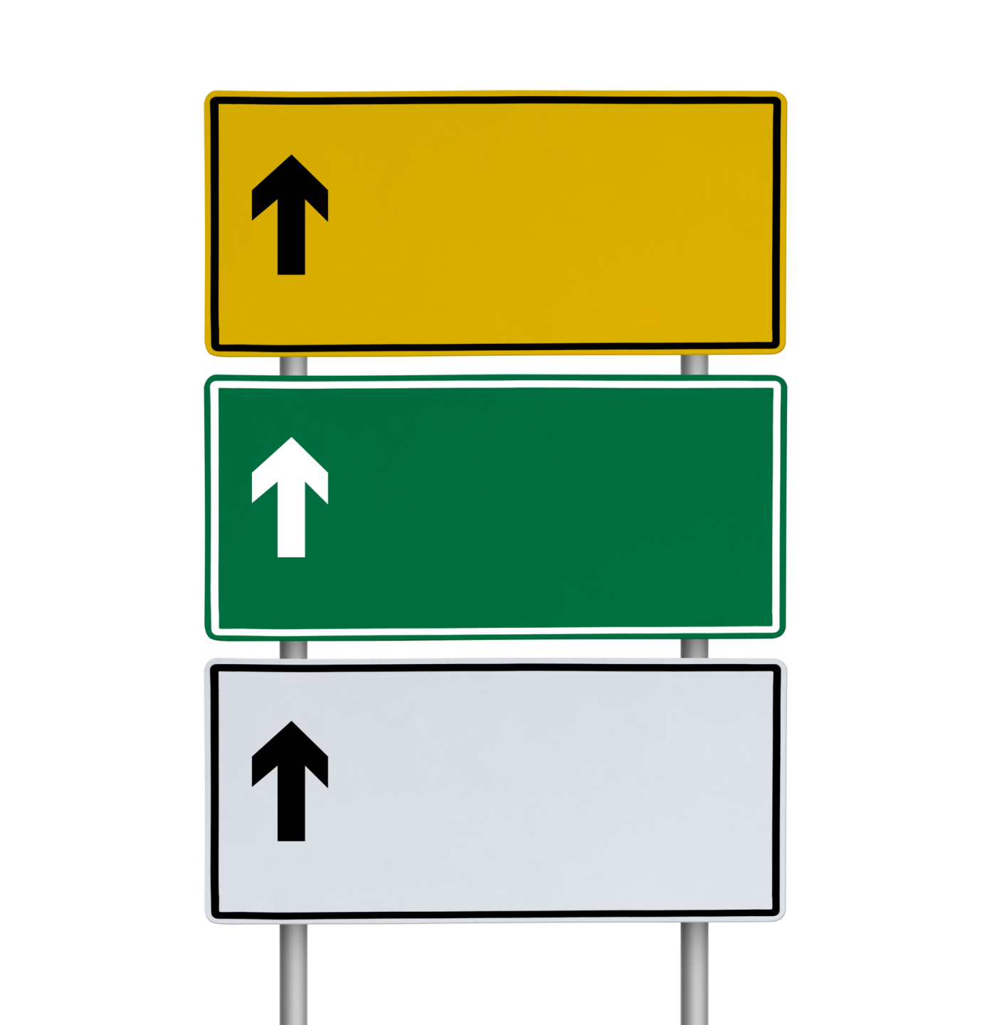 three street signs with arrows pointing in different directions