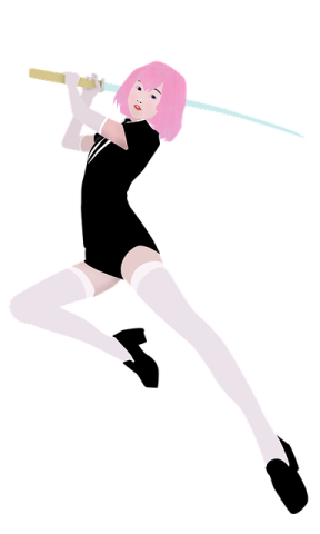 a girl with pink hair holding a sword