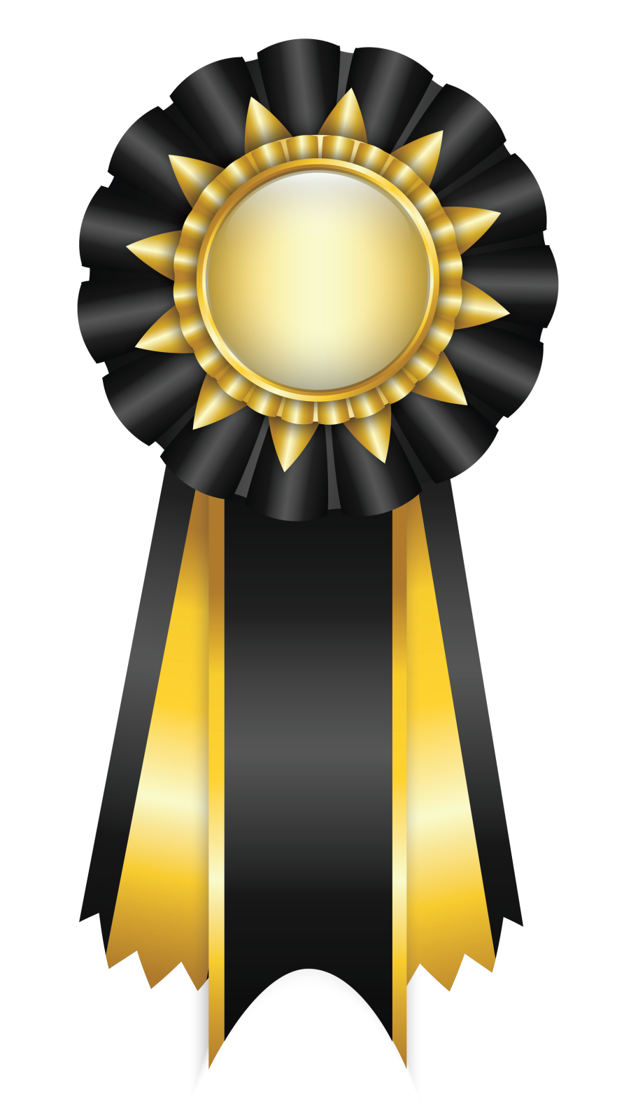 a black and gold ribbon with a gold medal
