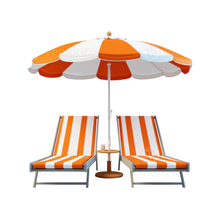 an orange and white beach chair with an umbrella