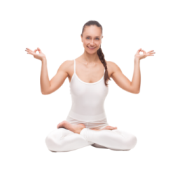 a woman sitting in the middle of a yoga pose