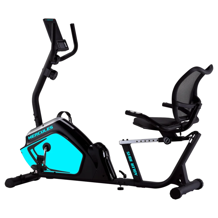 a blue and black exercise bike on a white background