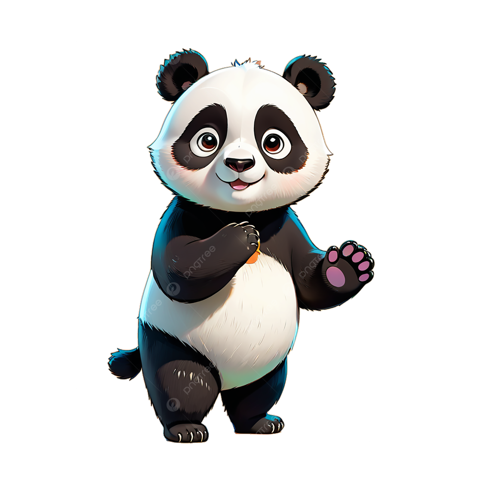 a panda bear is standing up and waving