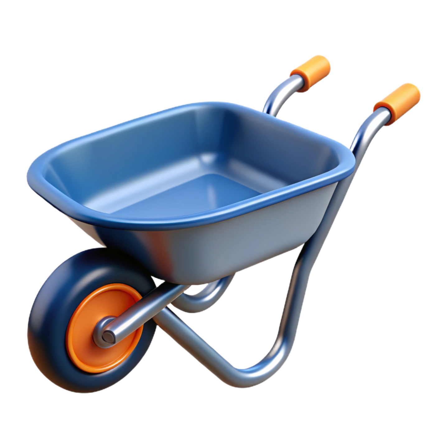 a blue wheelbar with orange wheels on a white background