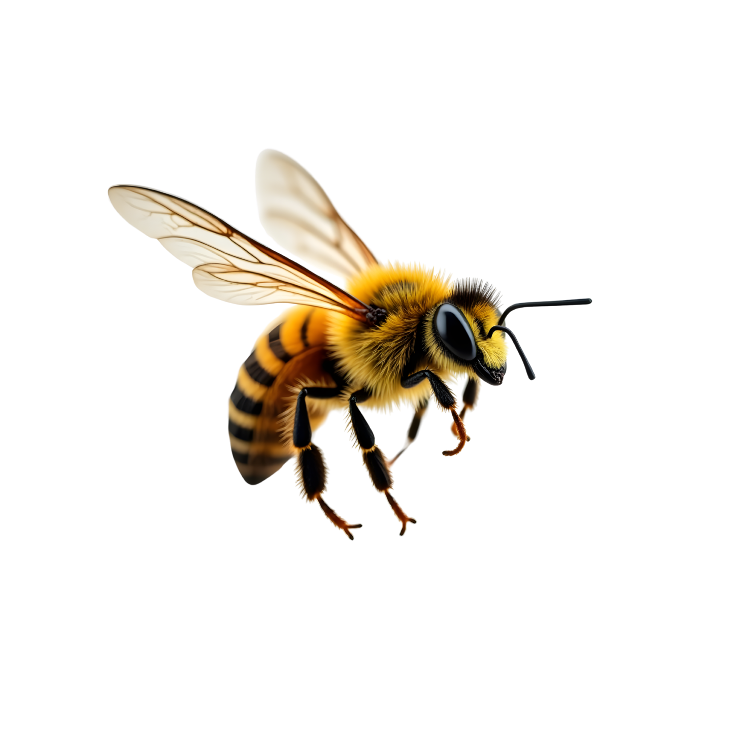 a bee flying in the air on a white background