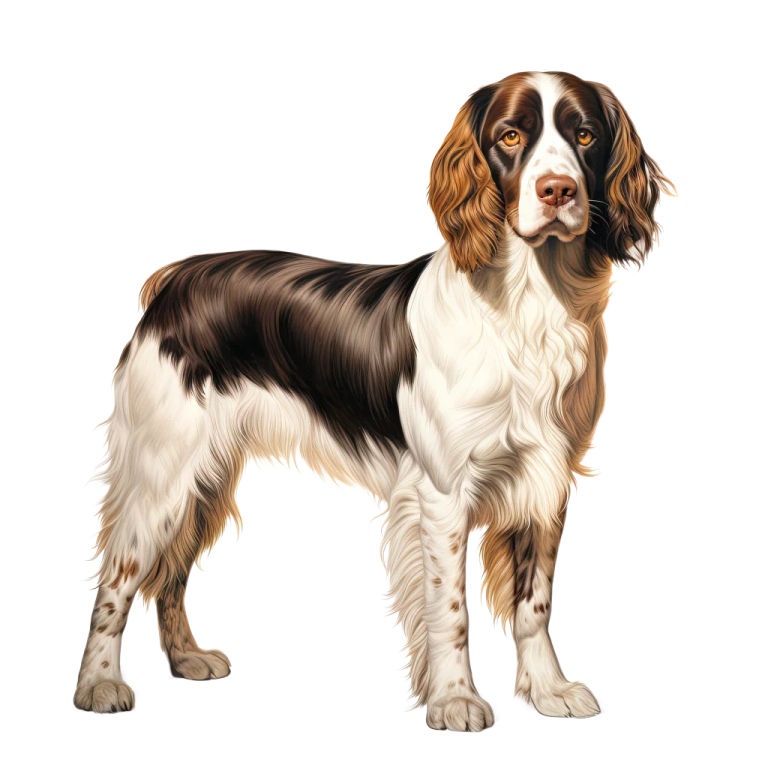 a brown and white dog standing on a white background