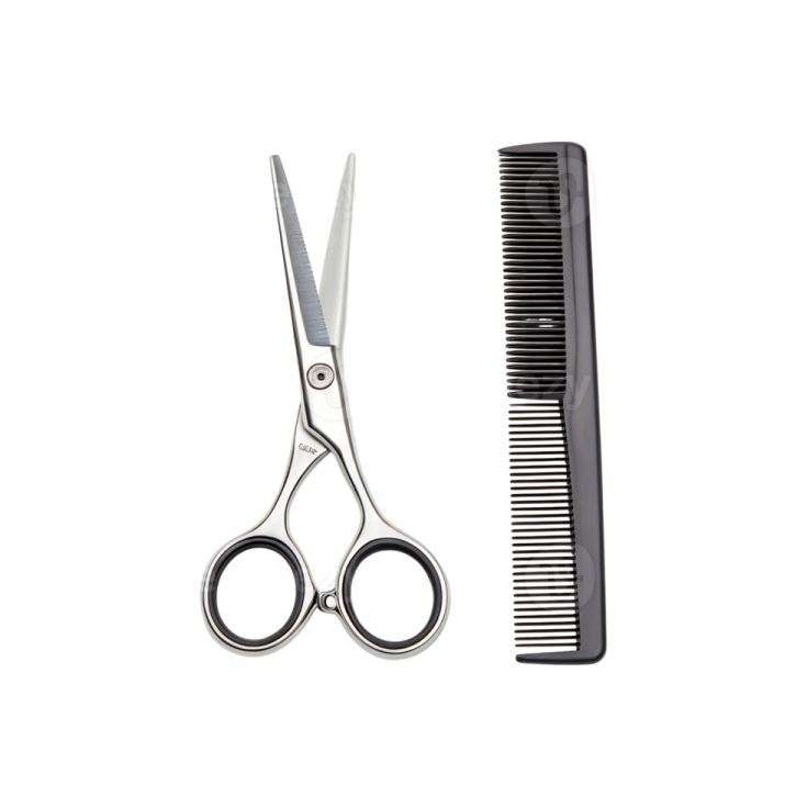 a pair of scissors and comb on a white background