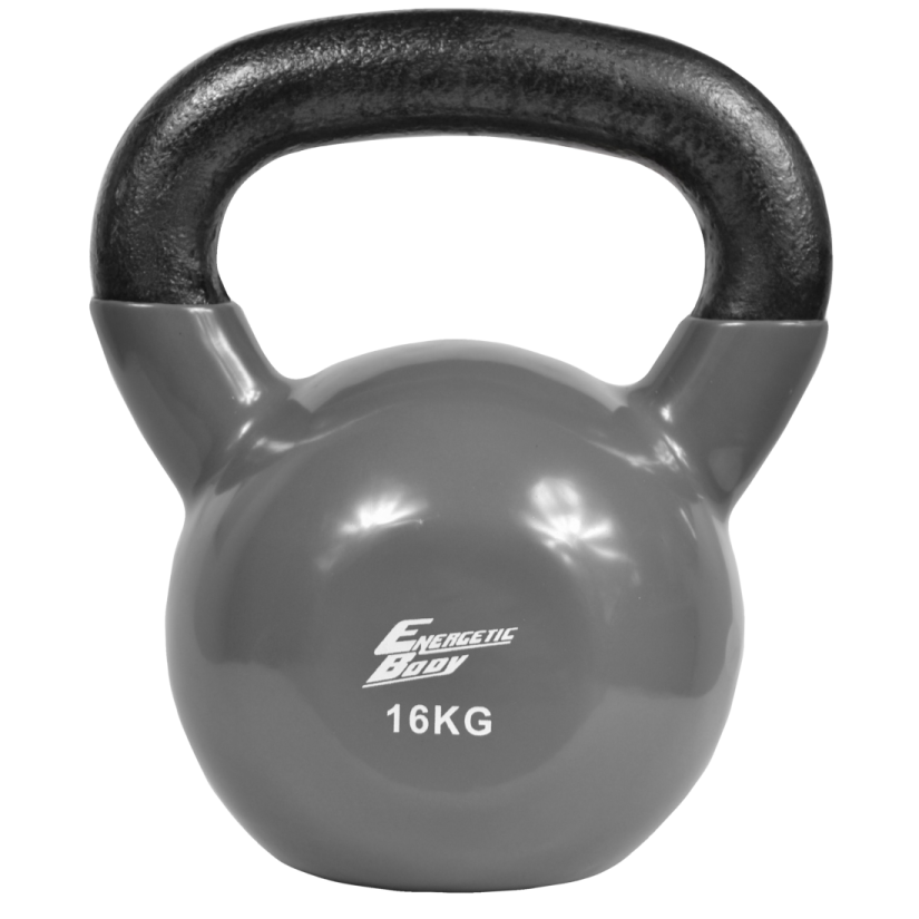an exercise kettle with a black handle