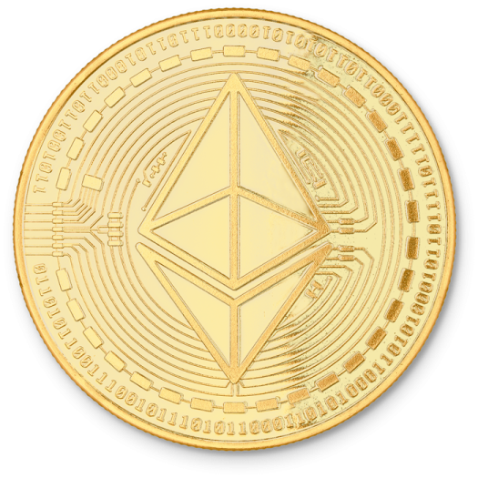 a gold coin with the ether logo