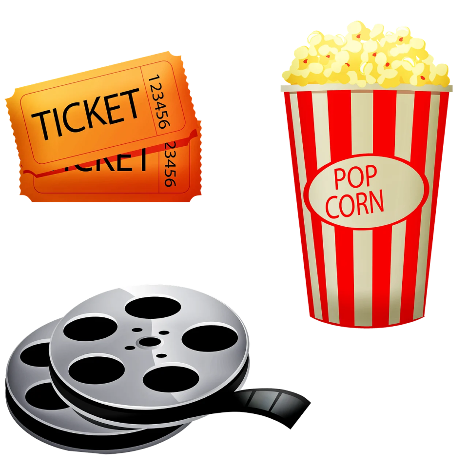 a popcorn, a movie ticket and a bowl of popcorn