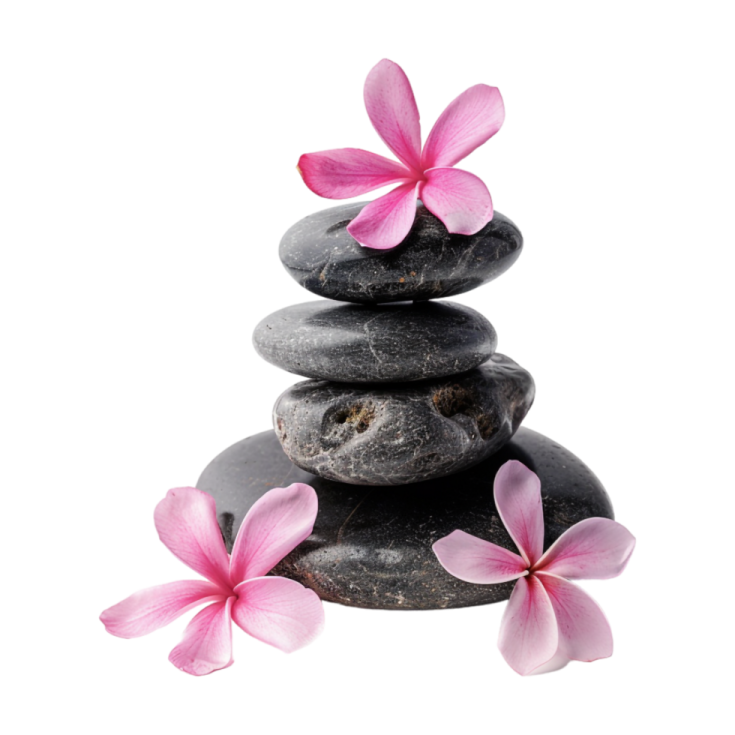 a pile of black stones with pink flowers on top