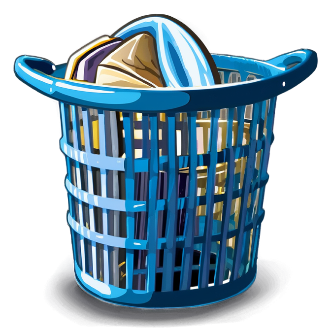 a blue basket filled with clothes
