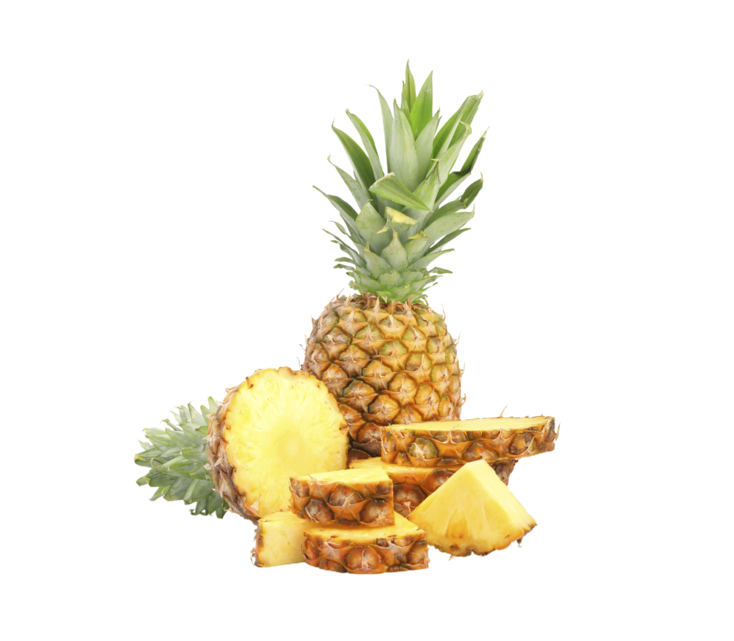 a pile of sliced pineapples on a white background