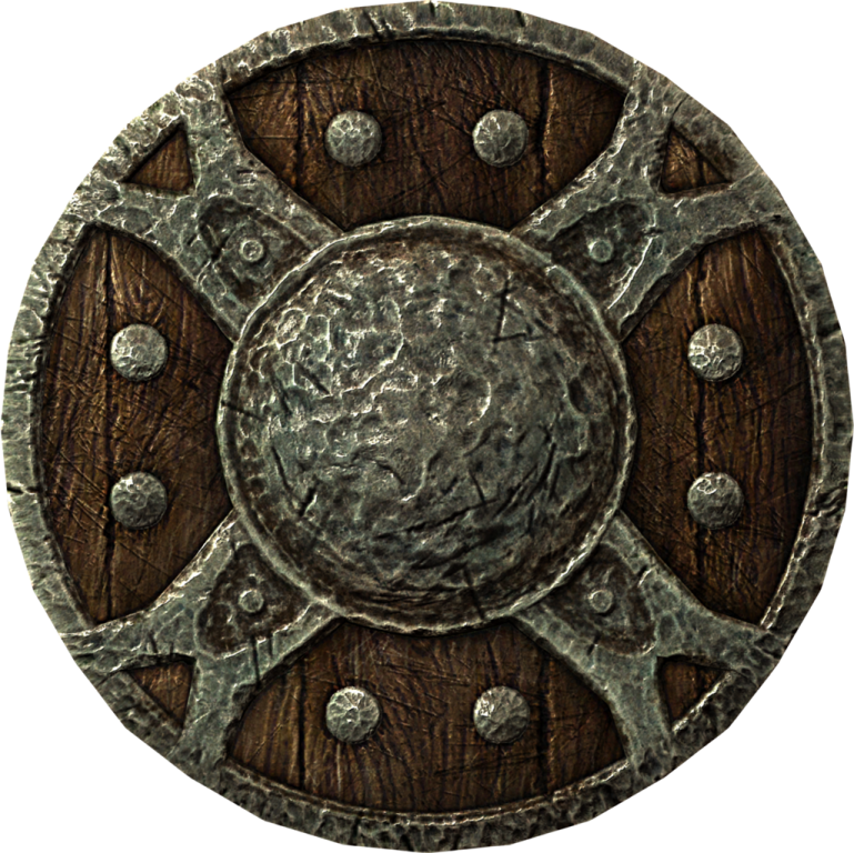 a wooden shield with metal decorations on it