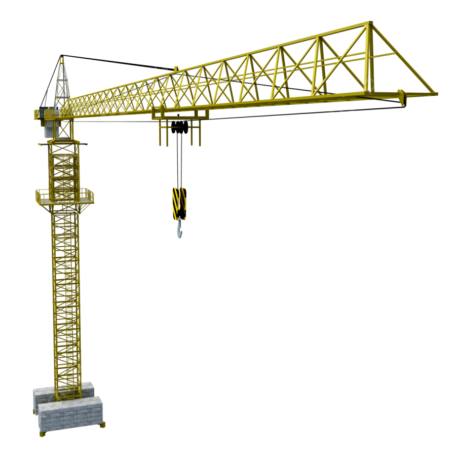a yellow tower crane on a white background