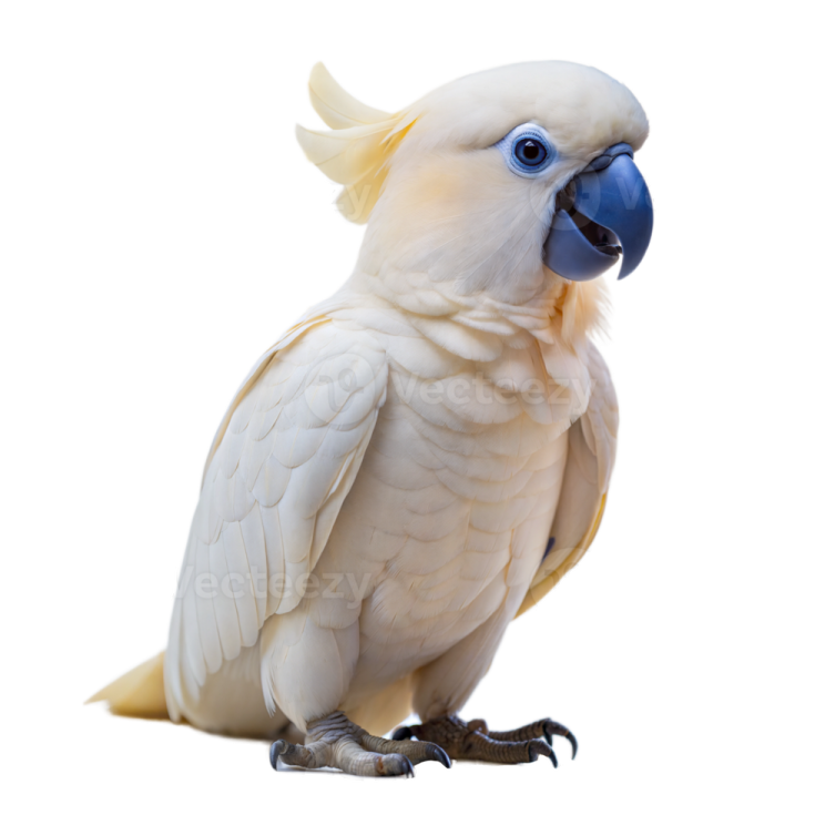 a white parrot with blue eyes sitting on the ground