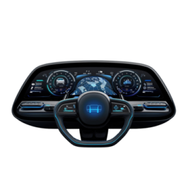 the interior of a car with blue lights